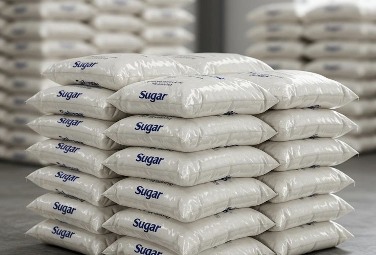 Sugar bags stacked in a warehouse